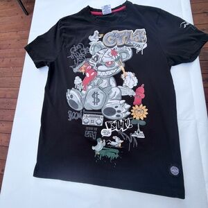 GTL4 Men's Black Graffiti T-Shirt Cyborg Psycho Bear Streetwear Graphic Size L